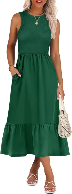 ANRABESS Women Midi Dresses 2025 Summer Casual Sleeveless Sundress High Neck Tank Top Racerback Flowy Beach Dress  Pockets