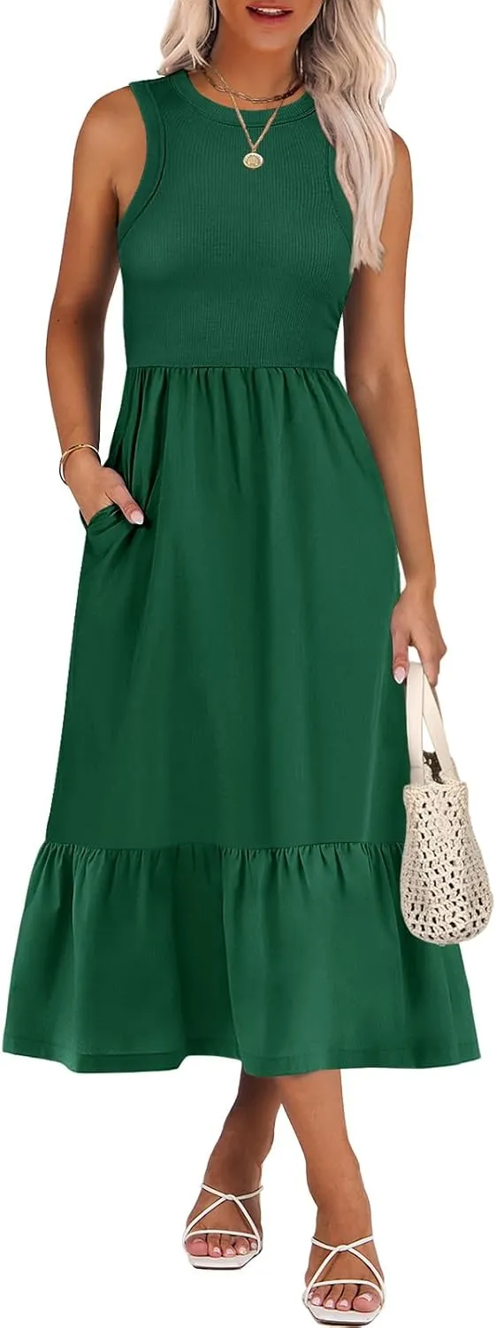 ANRABESS Women Midi Dresses 2025 Summer Casual Sleeveless Sundress High Neck Tank Top Racerback Flowy Beach Dress  Pockets