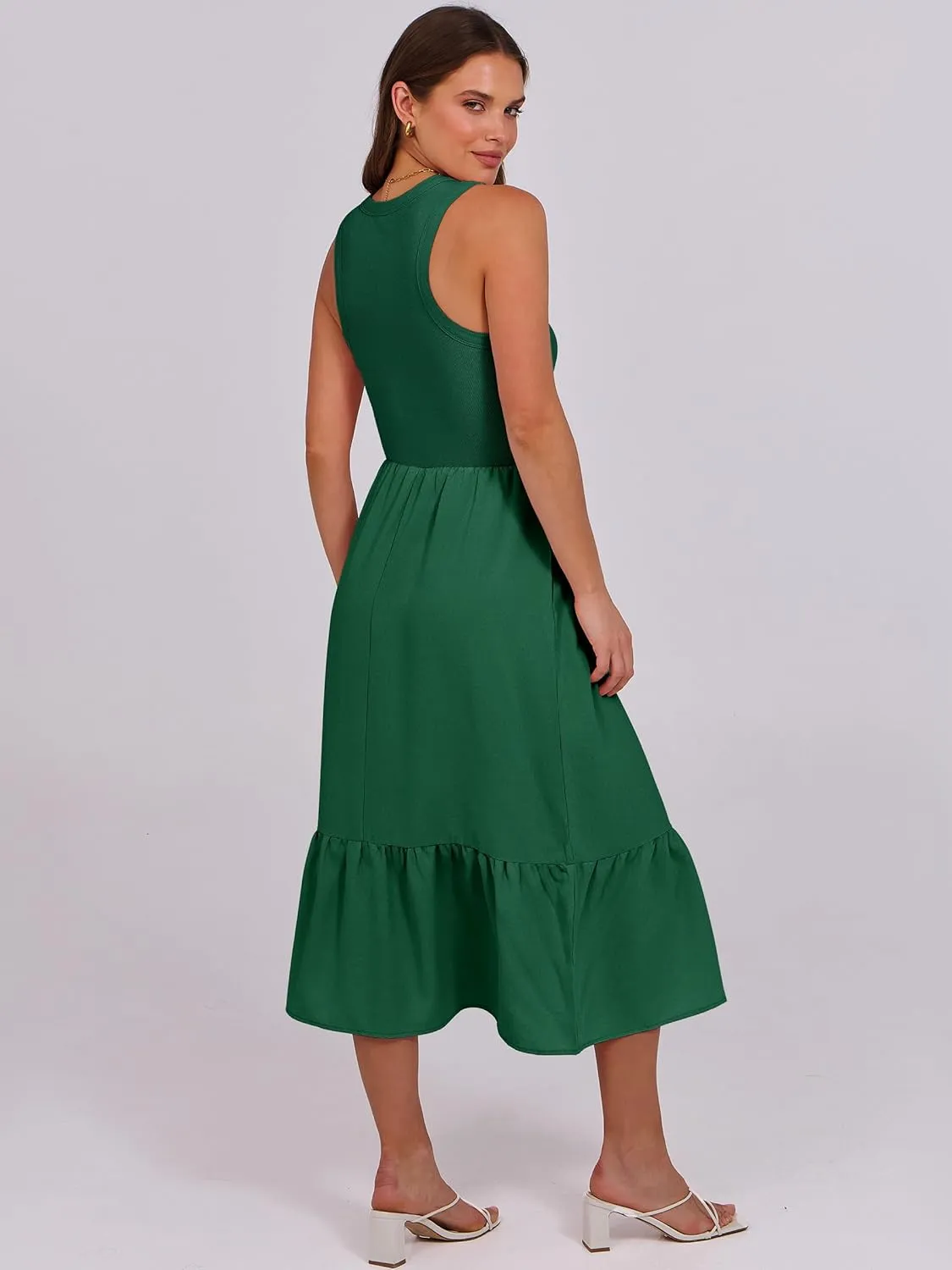 ANRABESS Women Midi Dresses 2025 Summer Casual Sleeveless Sundress High Neck Tank Top Racerback Flowy Beach Dress  Pockets
