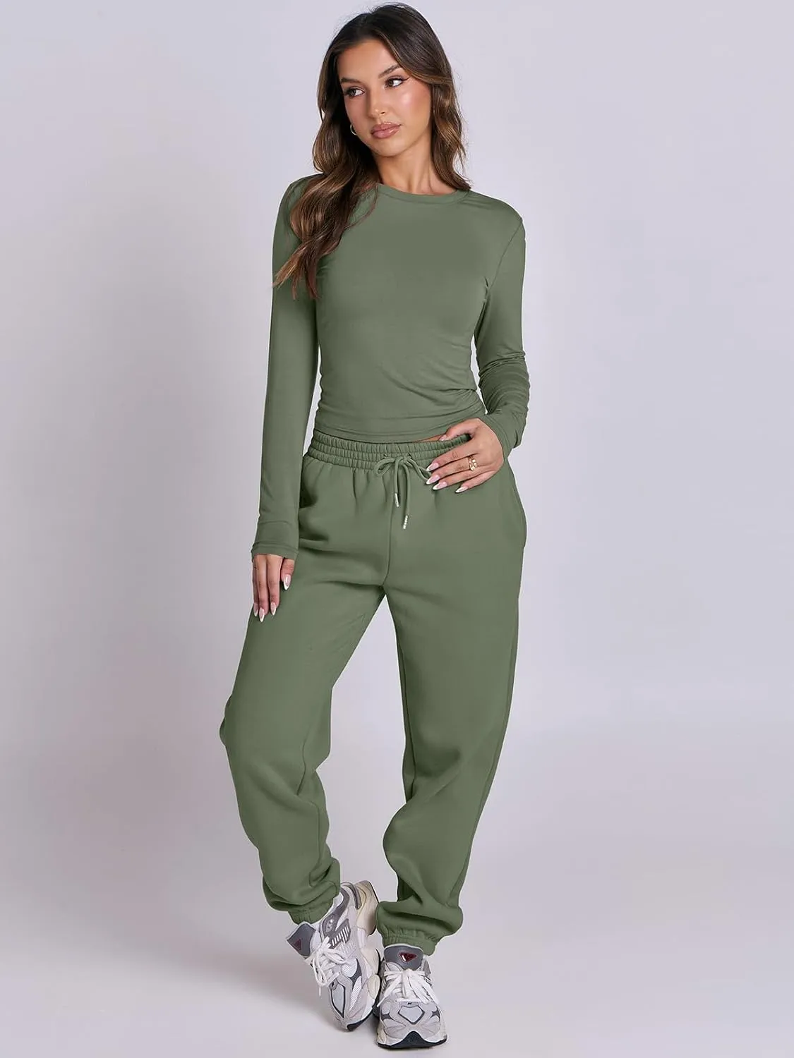 ANRABESS Womens 2 Piece Sweatsuits Long Sleeve Tight Shirt Tops Joggers Fleece Sweatpants Sets 2024 Fall Sweat Lounge Outfits