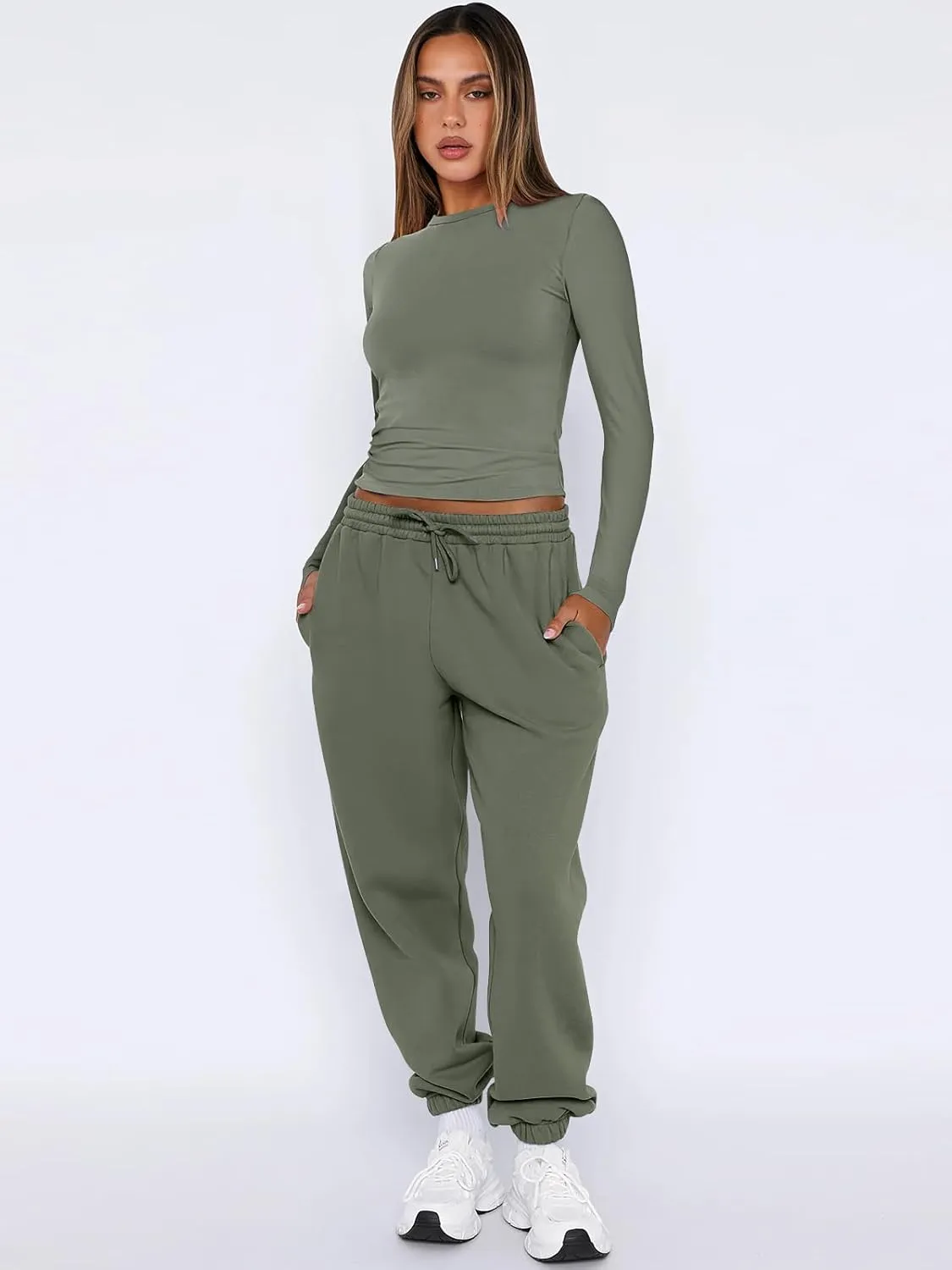 ANRABESS Womens 2 Piece Sweatsuits Long Sleeve Tight Shirt Tops Joggers Fleece Sweatpants Sets 2024 Fall Sweat Lounge Outfits