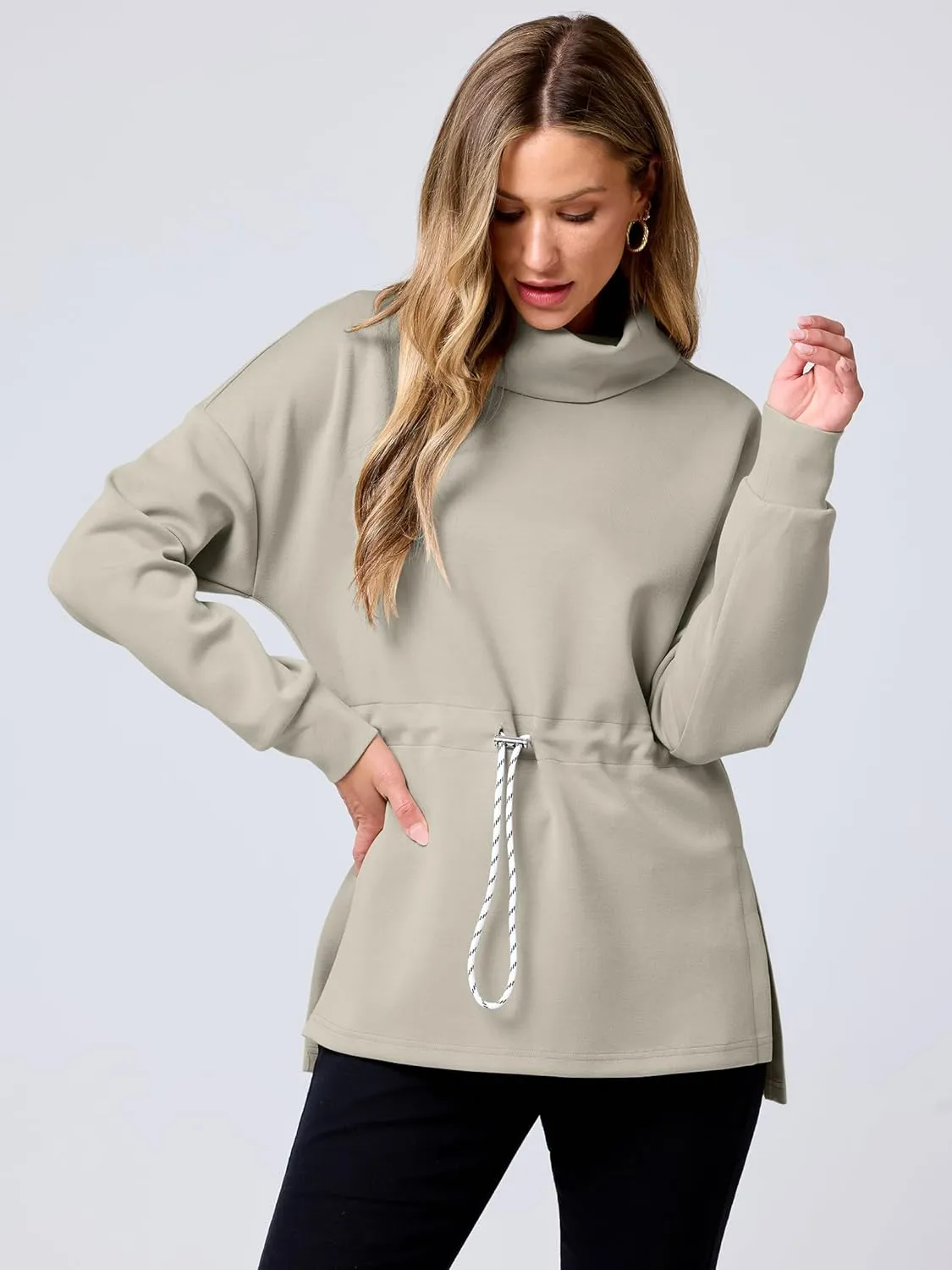 ANRABESS Womens Turtleneck Sweatshirts Drawstring Waist Pullover Tops Loose Fit Long Sleeve Hoodies 2024 Fall Preppy Outfits