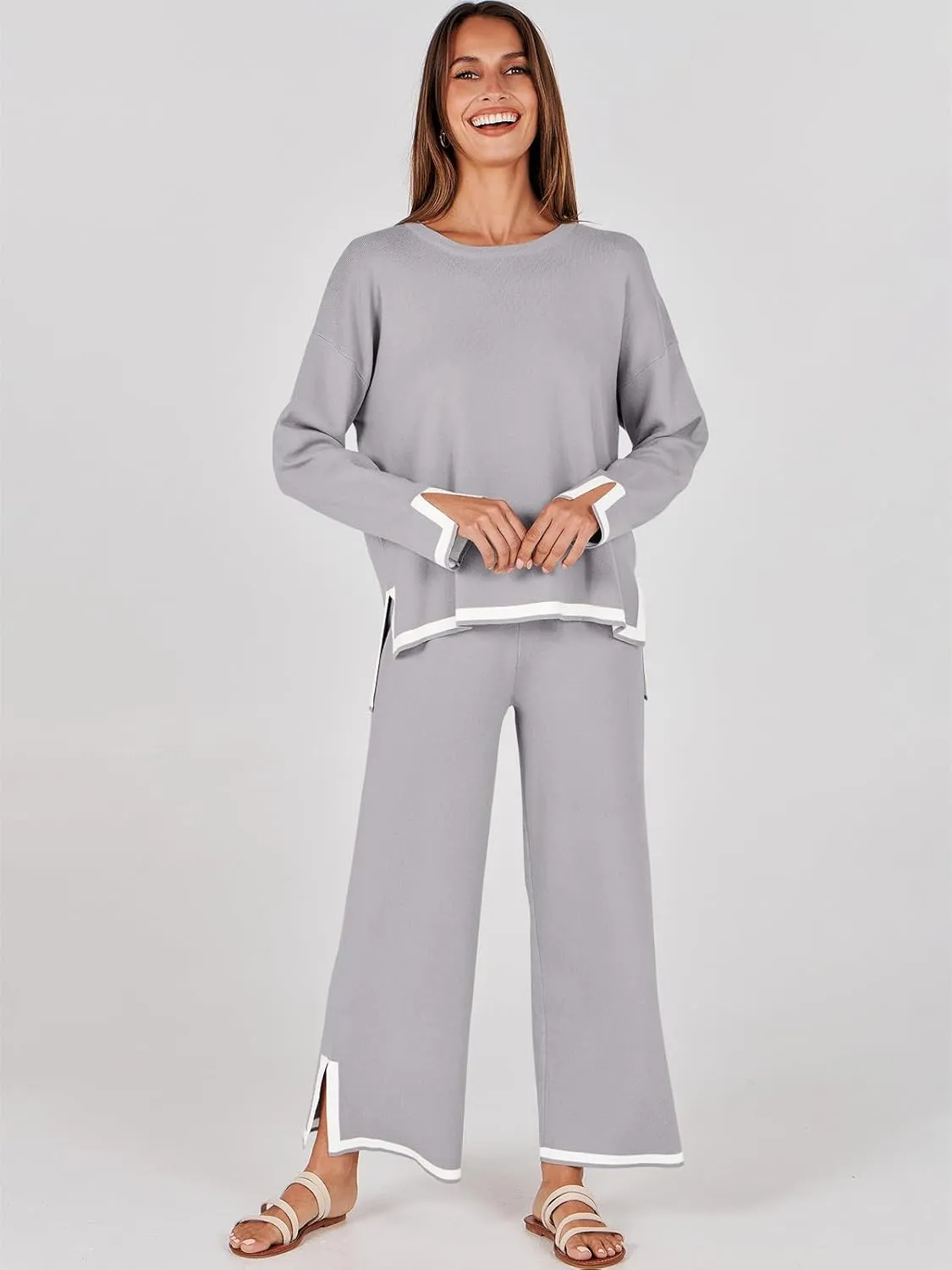 ANRABESS Women's Two Piece Outfits Knit Pullover Sweater Tops & Wide leg Pants Lounge Matching Sweatsuit Tracksuits Sets