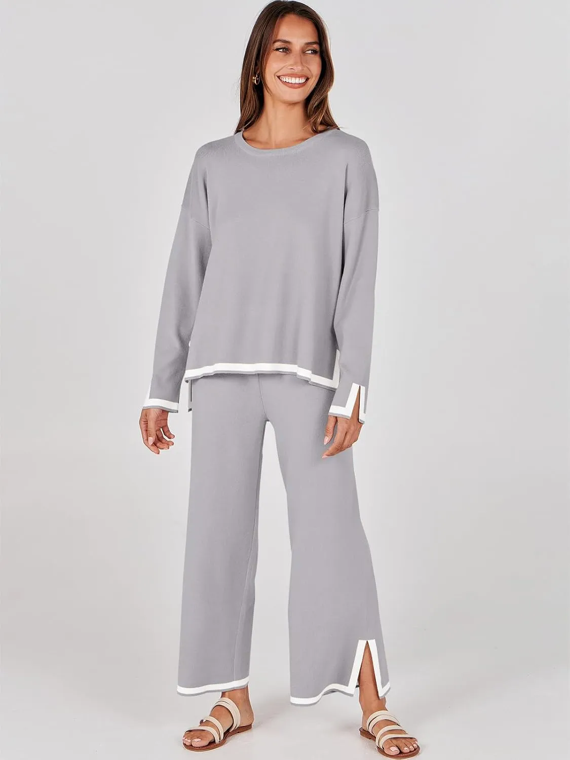 ANRABESS Women's Two Piece Outfits Knit Pullover Sweater Tops & Wide leg Pants Lounge Matching Sweatsuit Tracksuits Sets