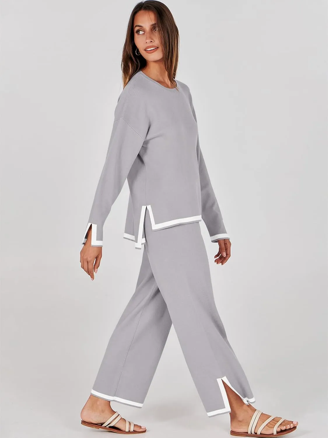 ANRABESS Women's Two Piece Outfits Knit Pullover Sweater Tops & Wide leg Pants Lounge Matching Sweatsuit Tracksuits Sets