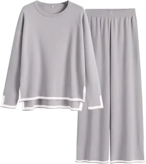 ANRABESS Women's Two Piece Outfits Knit Pullover Sweater Tops & Wide leg Pants Lounge Matching Sweatsuit Tracksuits Sets