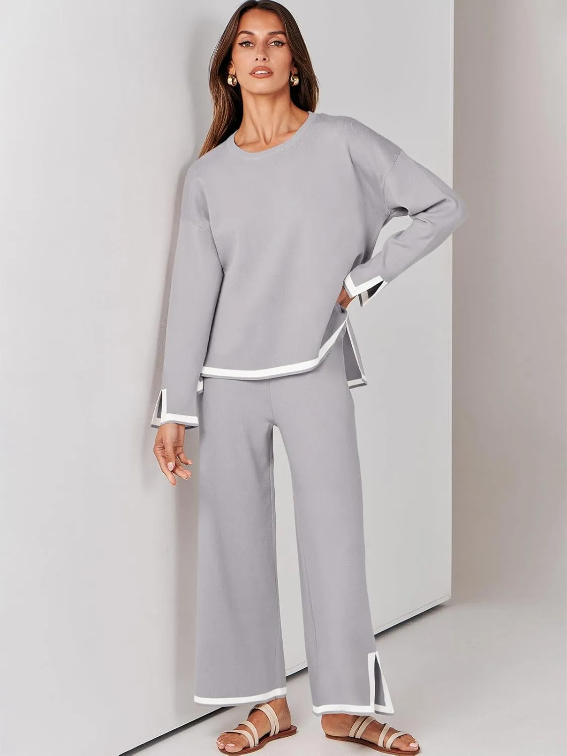 ANRABESS Women's Two Piece Outfits Knit Pullover Sweater Tops & Wide leg Pants Lounge Matching Sweatsuit Tracksuits Sets