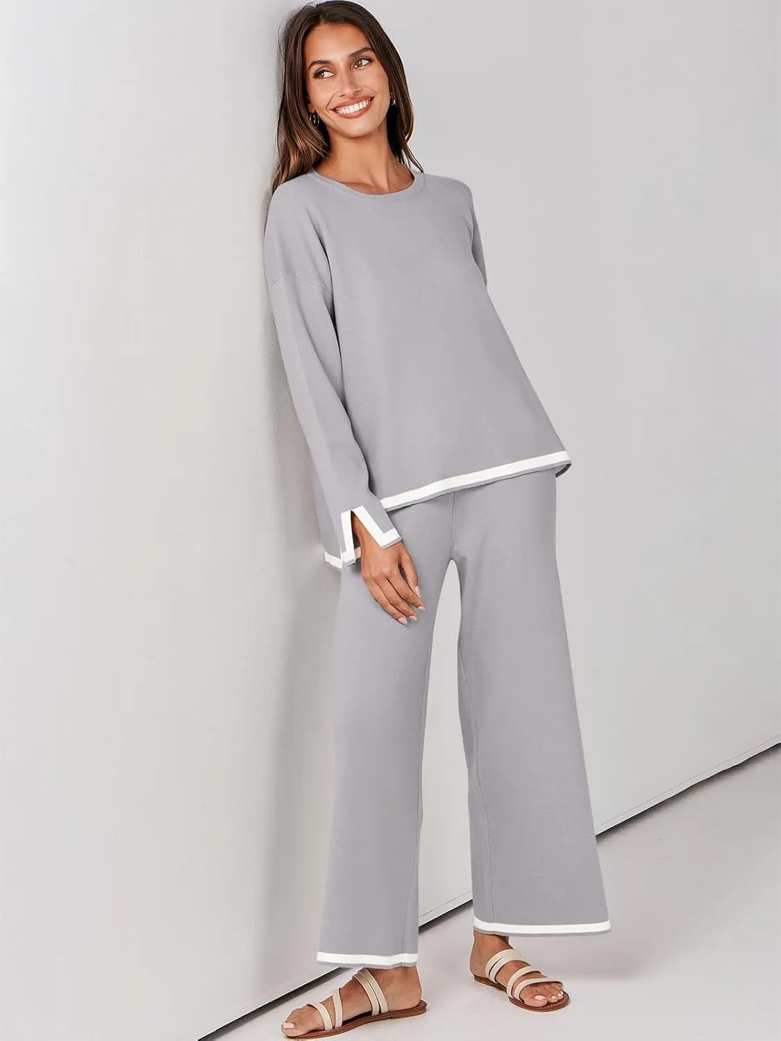 ANRABESS Women's Two Piece Outfits Knit Pullover Sweater Tops & Wide leg Pants Lounge Matching Sweatsuit Tracksuits Sets