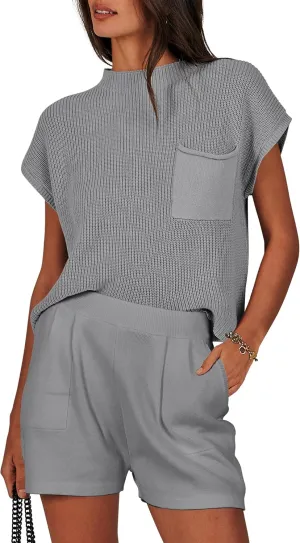 ANRABESS Women's Two Piece Summer Outfits Knit Sweater Short Sets Pullover Tops & Shorts Lounge Matching Clothes Set
