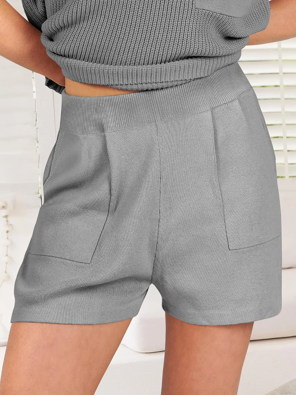 ANRABESS Women's Two Piece Summer Outfits Knit Sweater Short Sets Pullover Tops & Shorts Lounge Matching Clothes Set