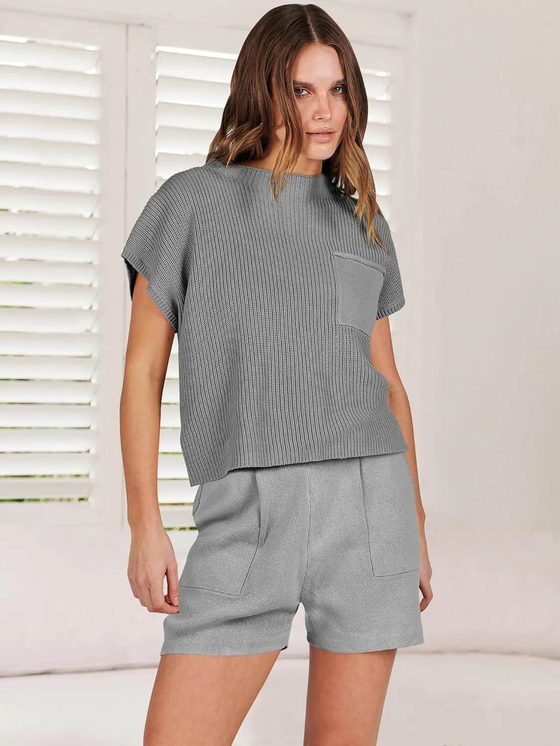 ANRABESS Women's Two Piece Summer Outfits Knit Sweater Short Sets Pullover Tops & Shorts Lounge Matching Clothes Set