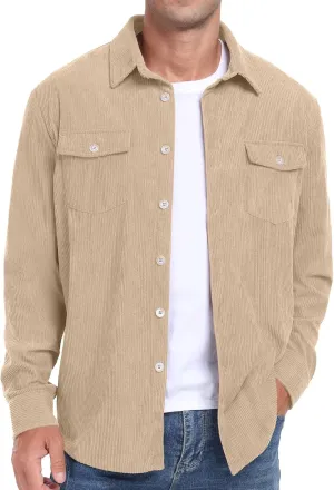Askdeer Men's Corduroy Button Down Shirts Long Sleeve Casual Shacket Jacket Western Corduroy Shirt Jacket with Flap Pockets