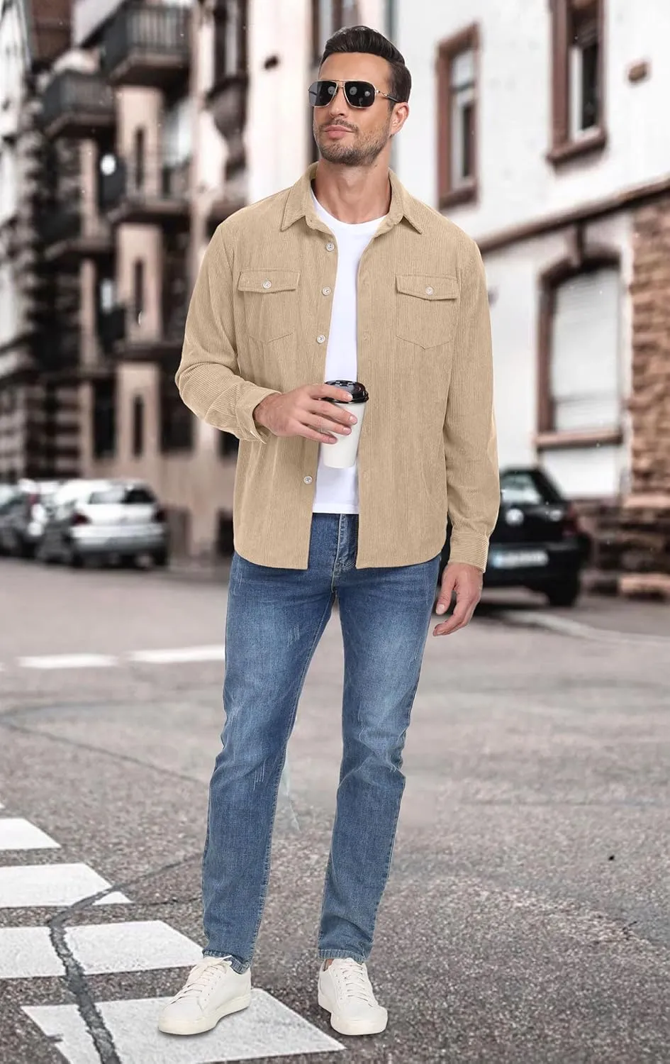 Askdeer Men's Corduroy Button Down Shirts Long Sleeve Casual Shacket Jacket Western Corduroy Shirt Jacket with Flap Pockets