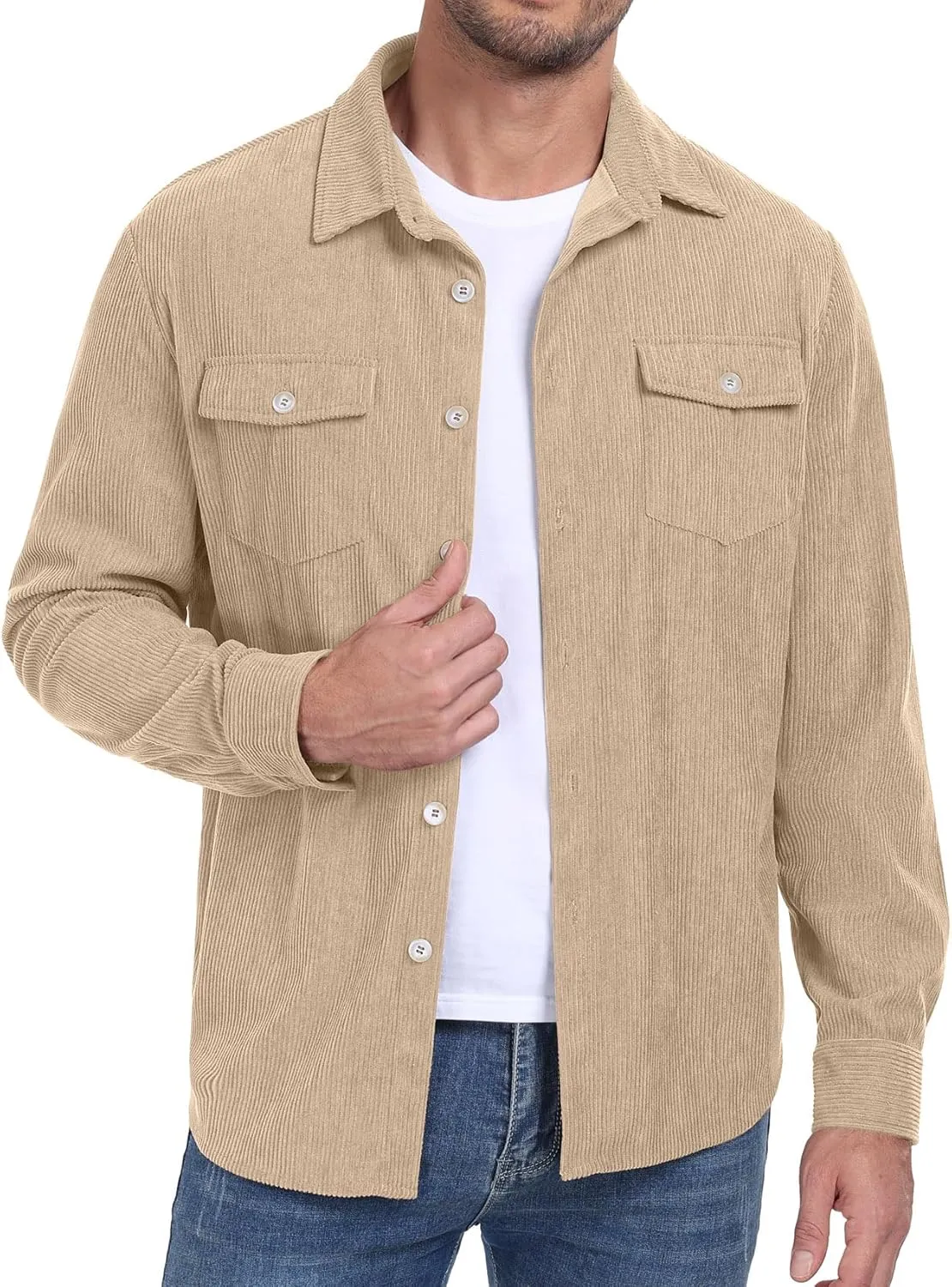 Askdeer Men's Corduroy Button Down Shirts Long Sleeve Casual Shacket Jacket Western Corduroy Shirt Jacket with Flap Pockets