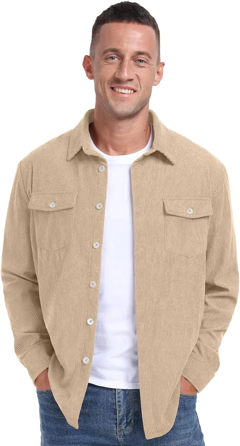 Askdeer Men's Corduroy Button Down Shirts Long Sleeve Casual Shacket Jacket Western Corduroy Shirt Jacket with Flap Pockets