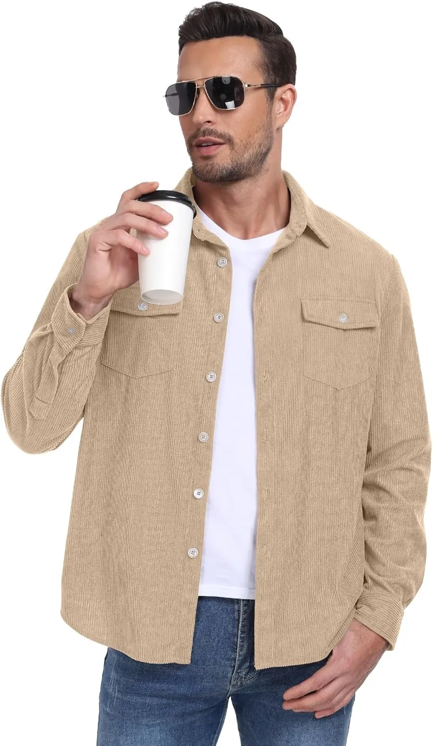 Askdeer Men's Corduroy Button Down Shirts Long Sleeve Casual Shacket Jacket Western Corduroy Shirt Jacket with Flap Pockets
