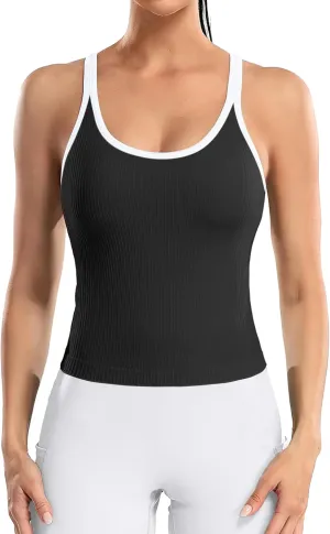 ATTRACO Women Ribbed Workout Crop Tops with Built in Bra Yoga Racerback Tank Top Tight Fit