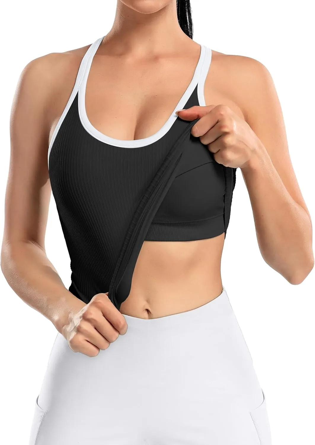 ATTRACO Women Ribbed Workout Crop Tops with Built in Bra Yoga Racerback Tank Top Tight Fit