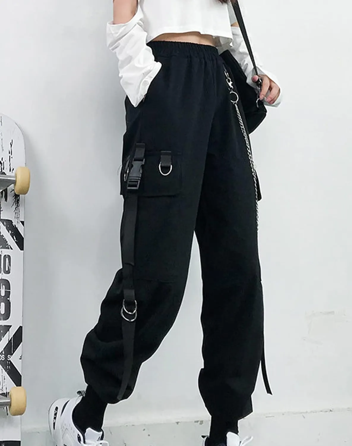 AULKEEP Gothic Harajuku Goth Black Pants Casual High Waist Chain Trouser Women's Casual Hip Hop Pants