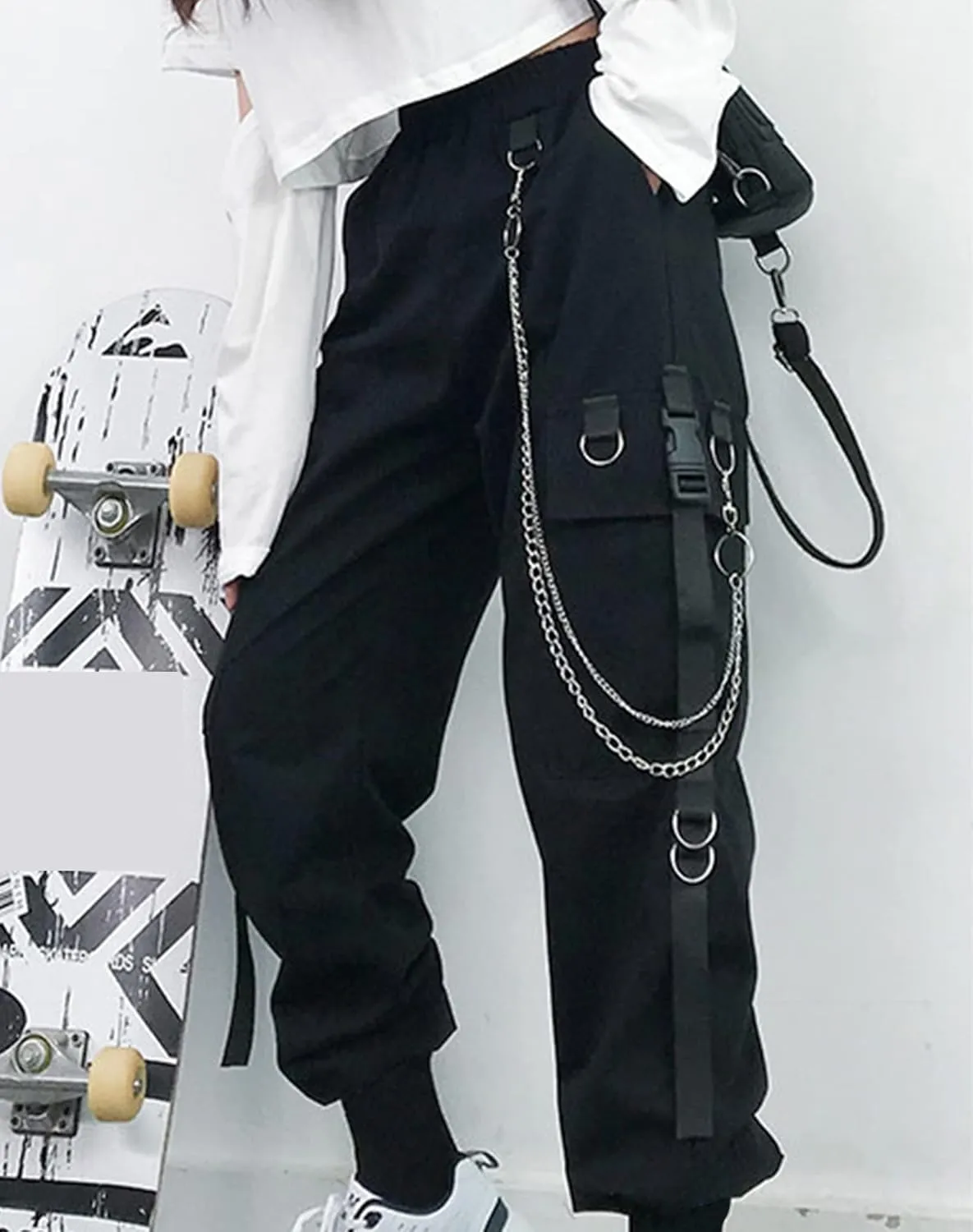 AULKEEP Gothic Harajuku Goth Black Pants Casual High Waist Chain Trouser Women's Casual Hip Hop Pants