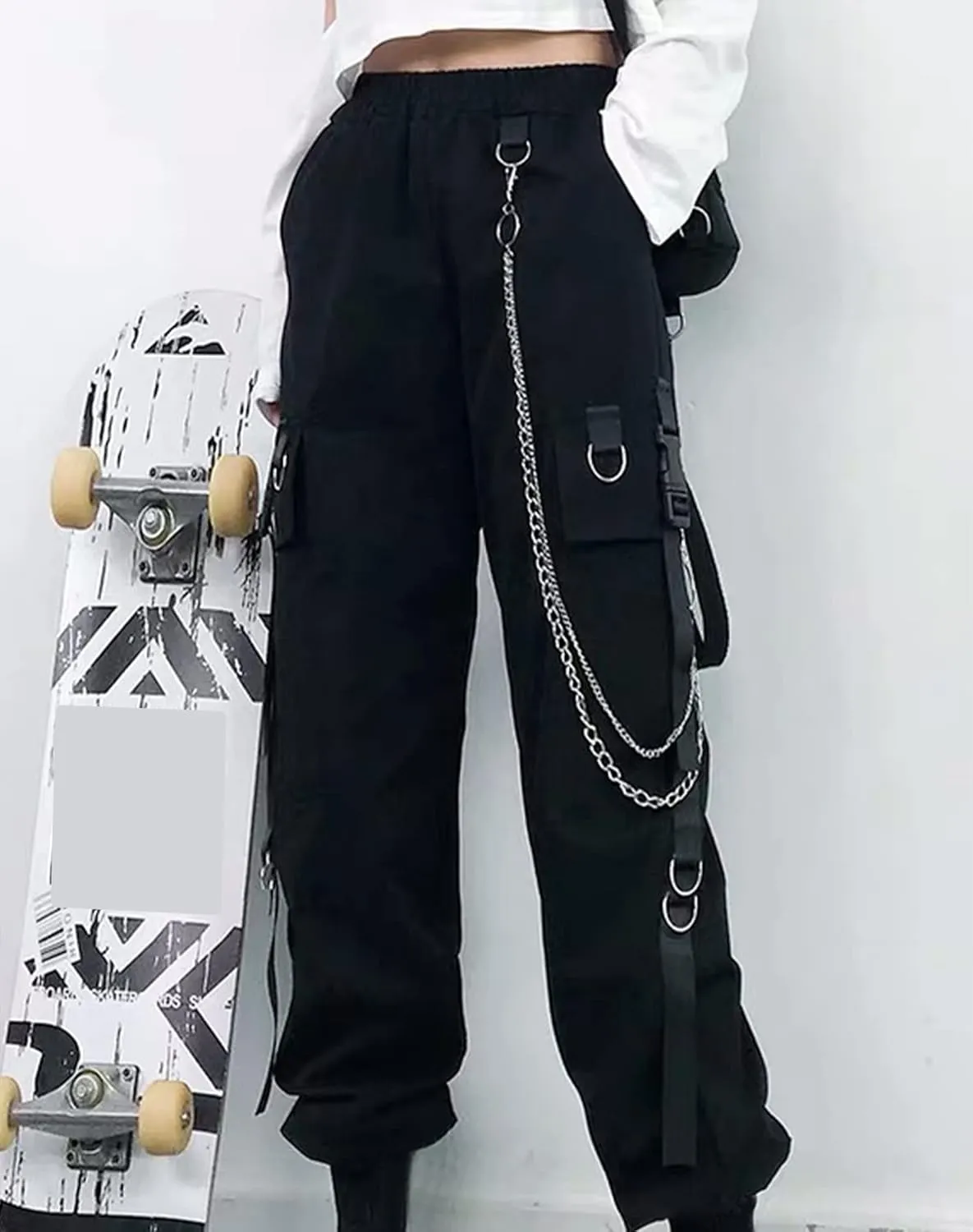 AULKEEP Gothic Harajuku Goth Black Pants Casual High Waist Chain Trouser Women's Casual Hip Hop Pants