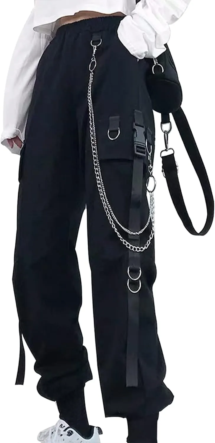 AULKEEP Gothic Harajuku Goth Black Pants Casual High Waist Chain Trouser Women's Casual Hip Hop Pants