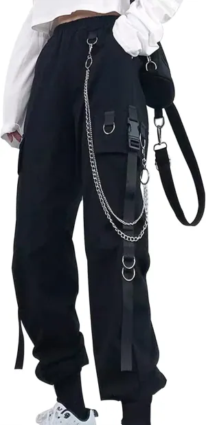 AULKEEP Gothic Harajuku Goth Black Pants Casual High Waist Chain Trouser Women's Casual Hip Hop Pants