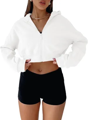 Aurgelmir Women's Cropped Zip Up Hoodie Sweatshirts Long Sleeve Casual Loose Y2K Pullover Tops