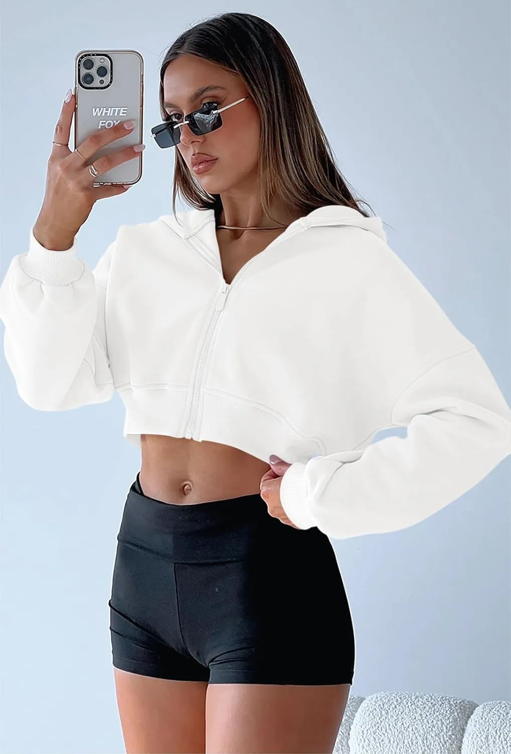 Aurgelmir Women's Cropped Zip Up Hoodie Sweatshirts Long Sleeve Casual Loose Y2K Pullover Tops