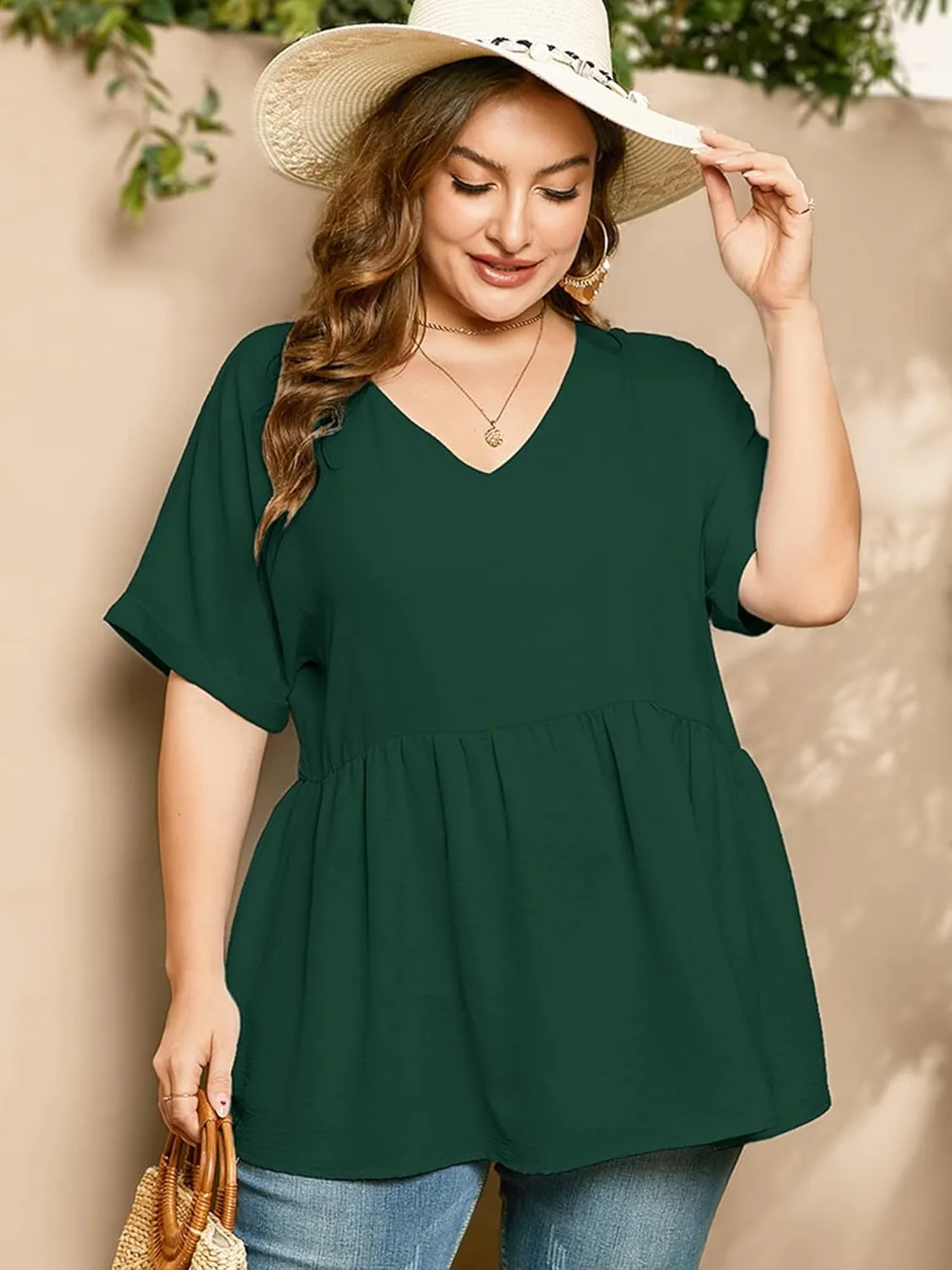 AusLook Plus Size Tunic for Women Double Ruffle Short Sleeve Clothes Loose Fit Clothing Flowy Shirts Summer Tops