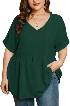 AusLook Plus Size Tunic for Women Double Ruffle Short Sleeve Clothes Loose Fit Clothing Flowy Shirts Summer Tops