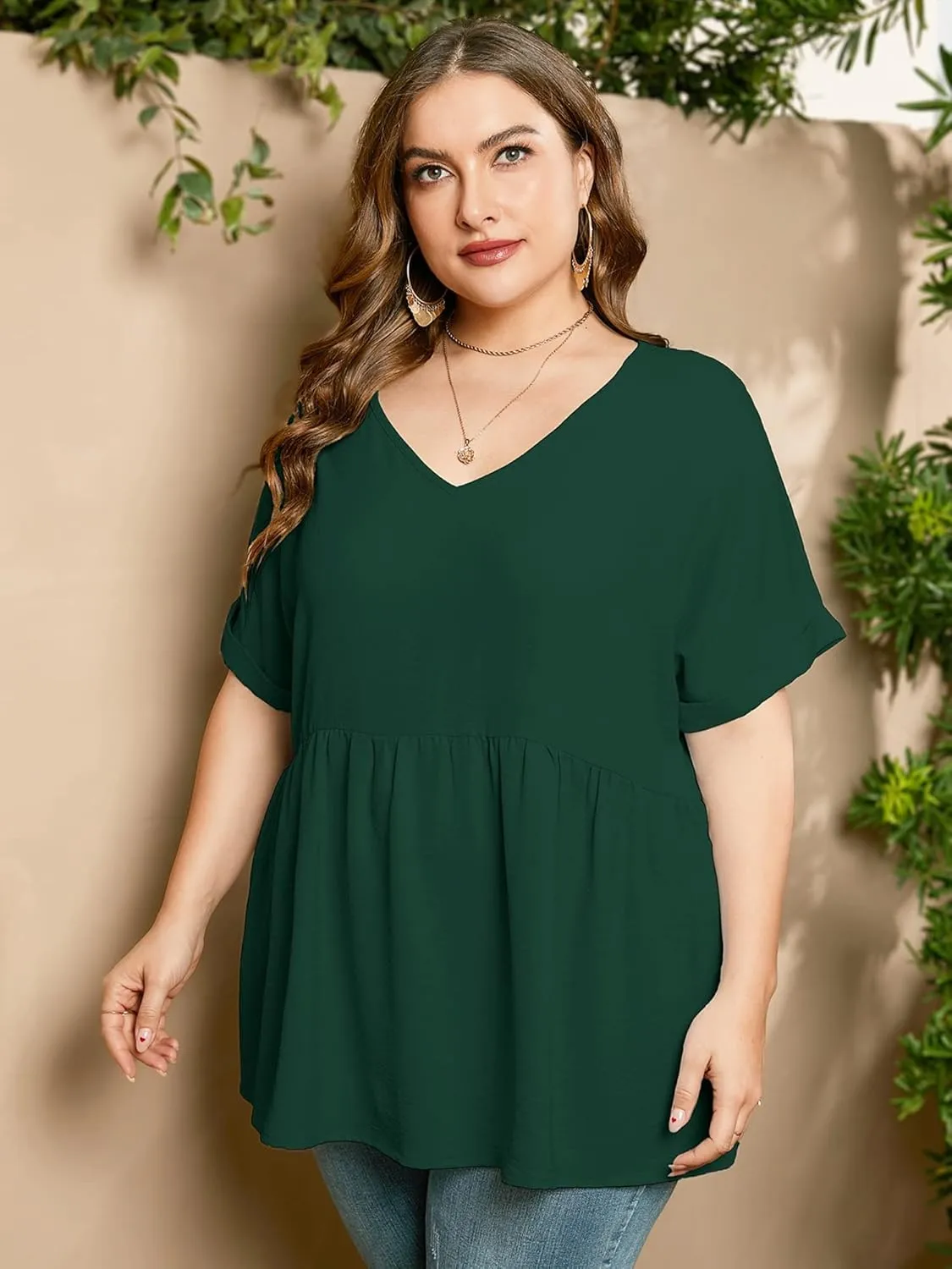 AusLook Plus Size Tunic for Women Double Ruffle Short Sleeve Clothes Loose Fit Clothing Flowy Shirts Summer Tops