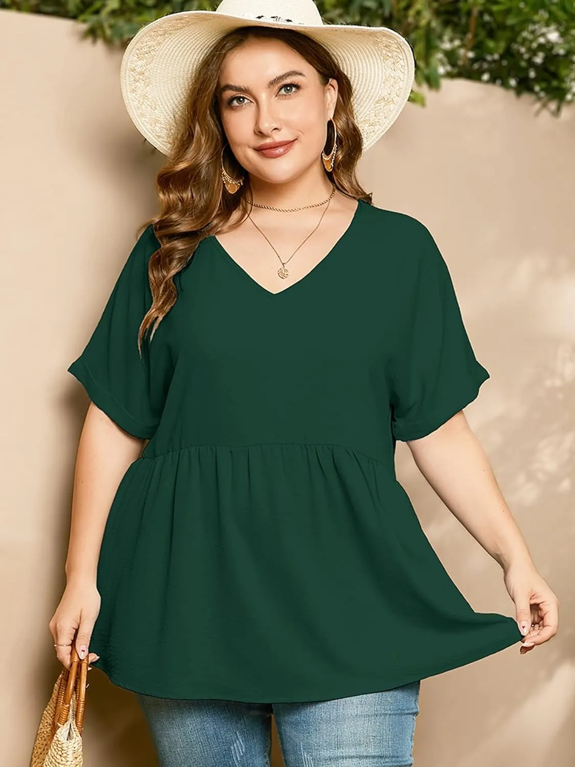 AusLook Plus Size Tunic for Women Double Ruffle Short Sleeve Clothes Loose Fit Clothing Flowy Shirts Summer Tops