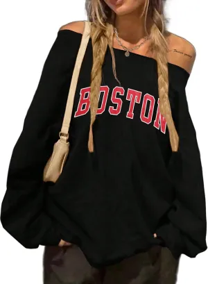 Avanova Women West Coast Graphic Off Shoulder Sweatshirt Boat Neck Long Sleeve Oversized Pullover Shirt