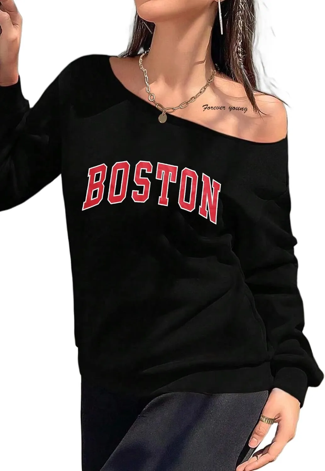 Avanova Women West Coast Graphic Off Shoulder Sweatshirt Boat Neck Long Sleeve Oversized Pullover Shirt
