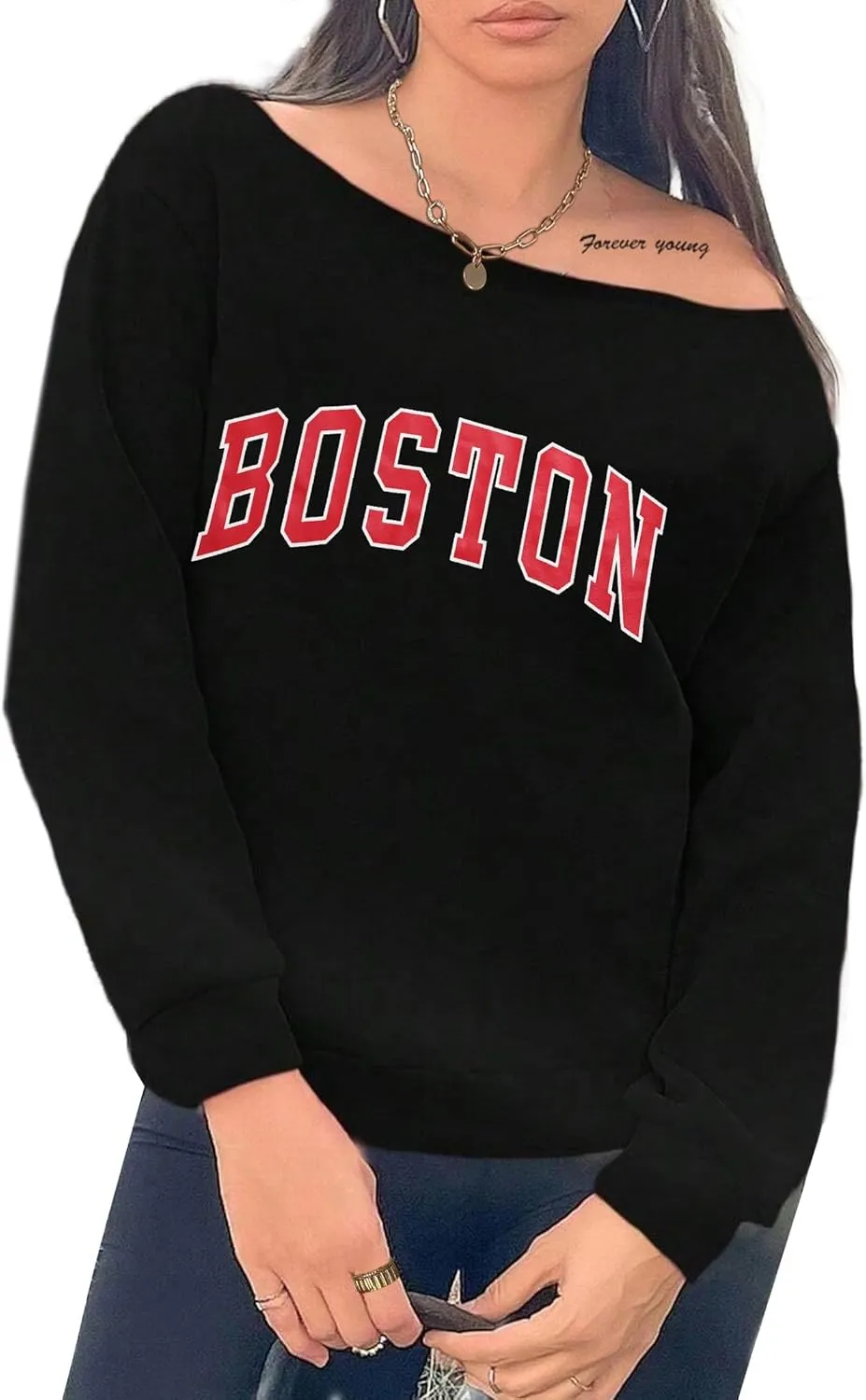 Avanova Women West Coast Graphic Off Shoulder Sweatshirt Boat Neck Long Sleeve Oversized Pullover Shirt