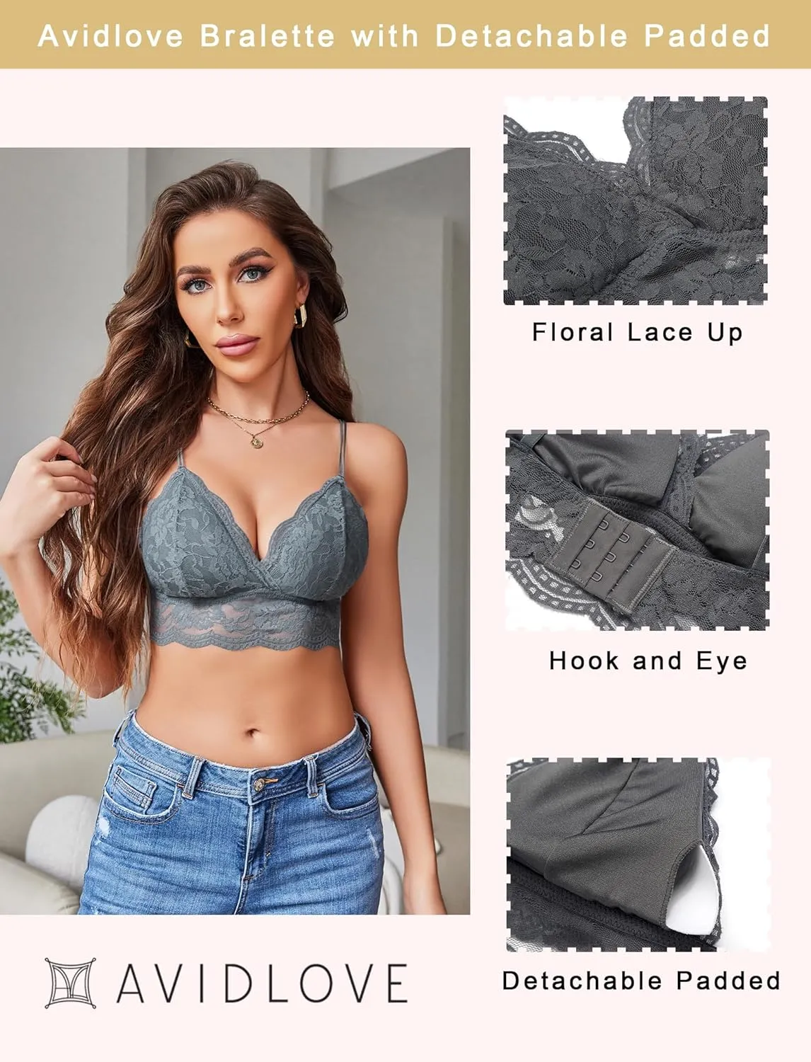Avidlove Lace Bralette for Women V Neck Tank Top Spaghetti Strap Tube Slim Camisole Lingerie with Detachable Padded