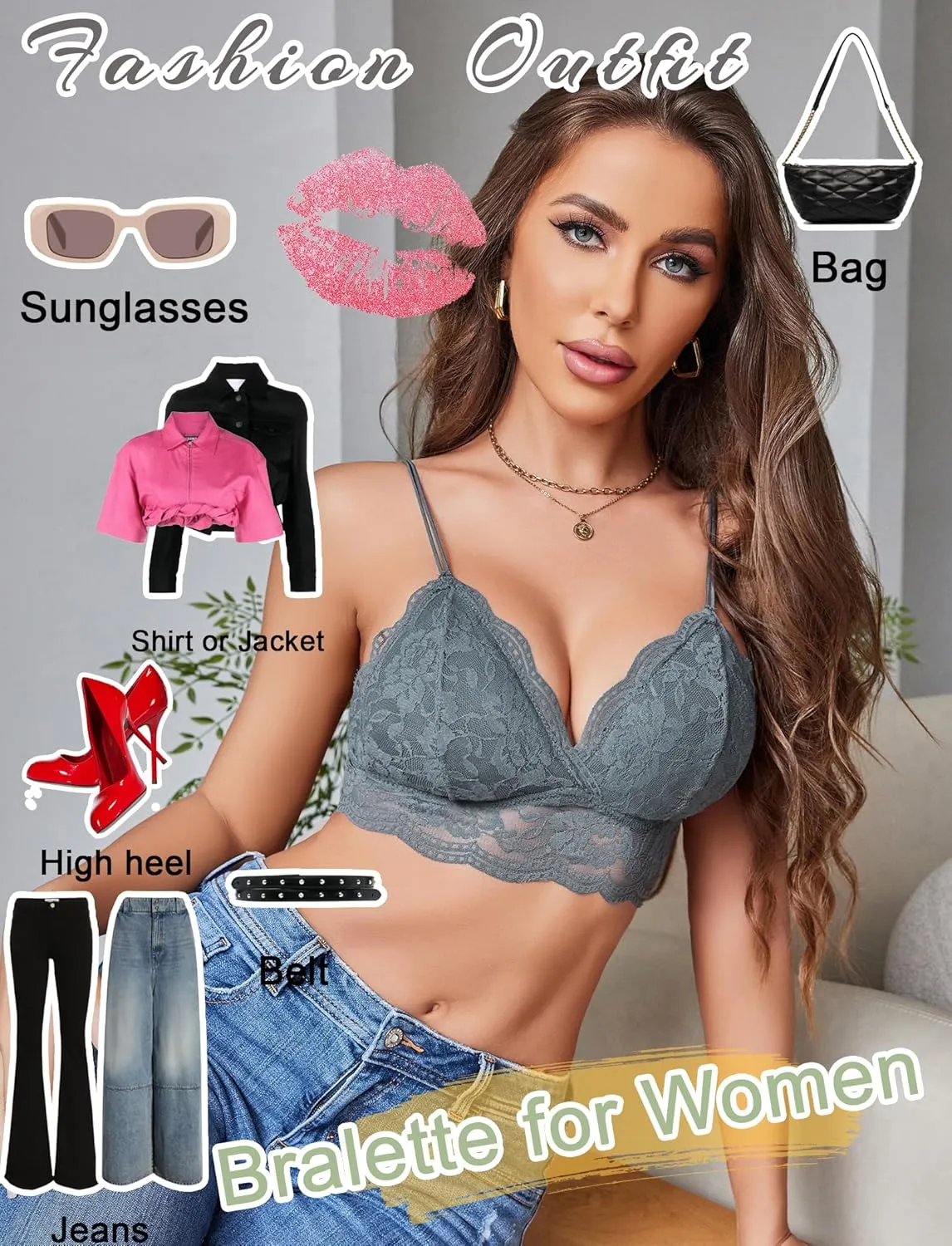 Avidlove Lace Bralette for Women V Neck Tank Top Spaghetti Strap Tube Slim Camisole Lingerie with Detachable Padded