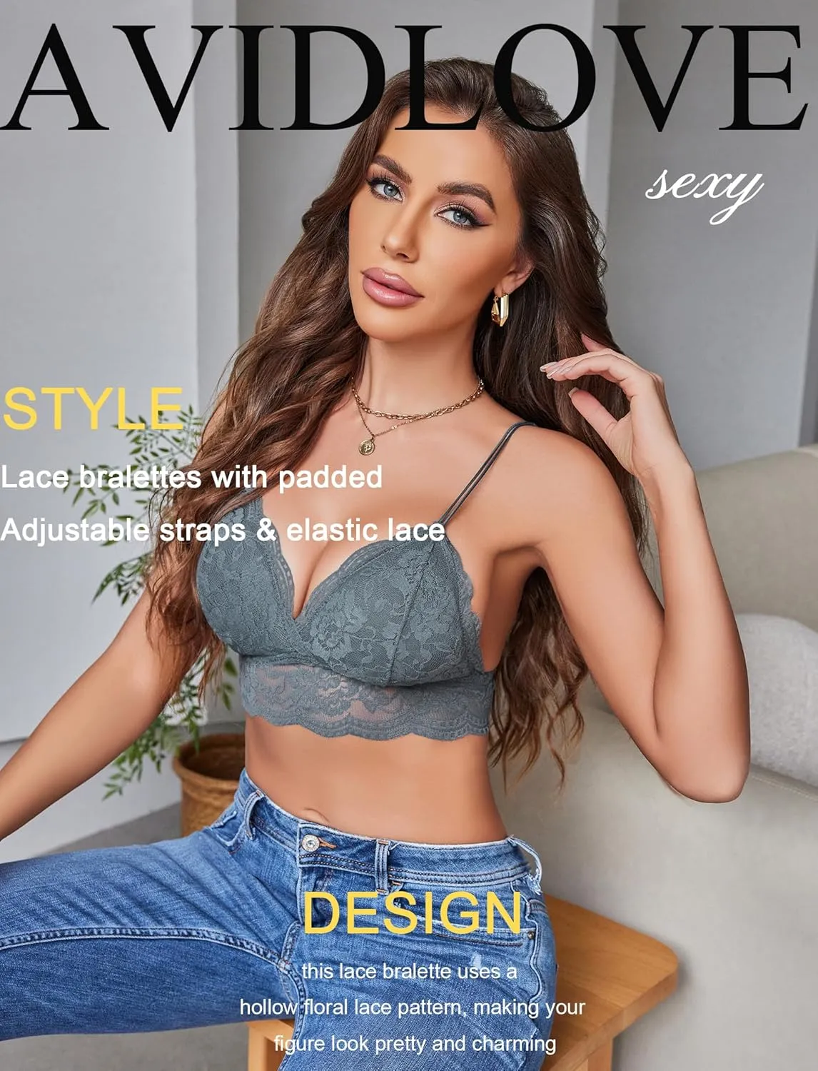 Avidlove Lace Bralette for Women V Neck Tank Top Spaghetti Strap Tube Slim Camisole Lingerie with Detachable Padded