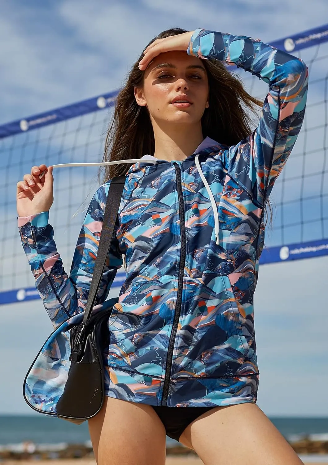 AXESEA Women's Hoodie Rash Guard UV Sun Protection Long Sleeve Hooded Swim Shirts Full Zip Front Swimsuit Tops
