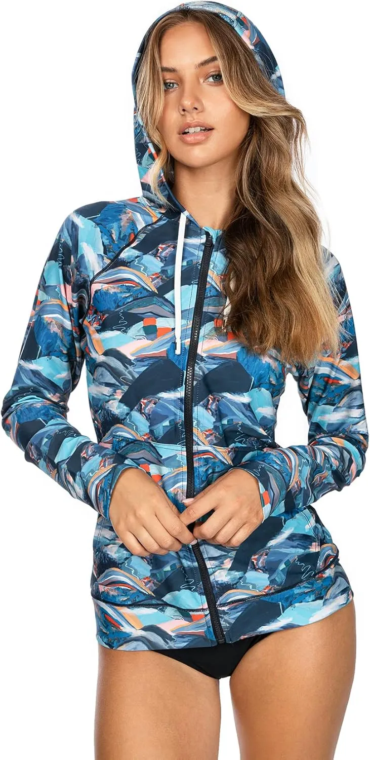 AXESEA Women's Hoodie Rash Guard UV Sun Protection Long Sleeve Hooded Swim Shirts Full Zip Front Swimsuit Tops