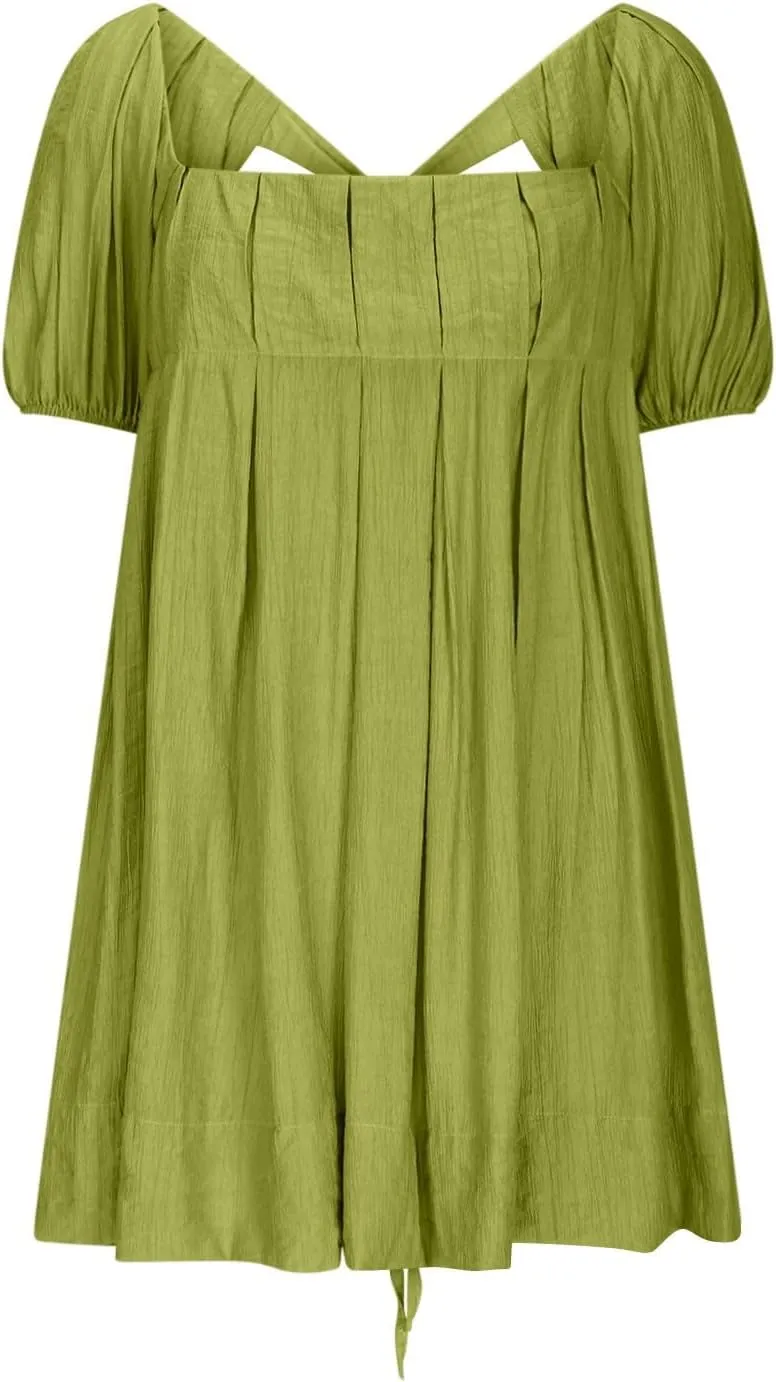 Babydoll Dresses for Women 2025 Cute Puff Short Sleeve Square Neck Tshirt Dress High Waist A Line Dress Mini Dresses