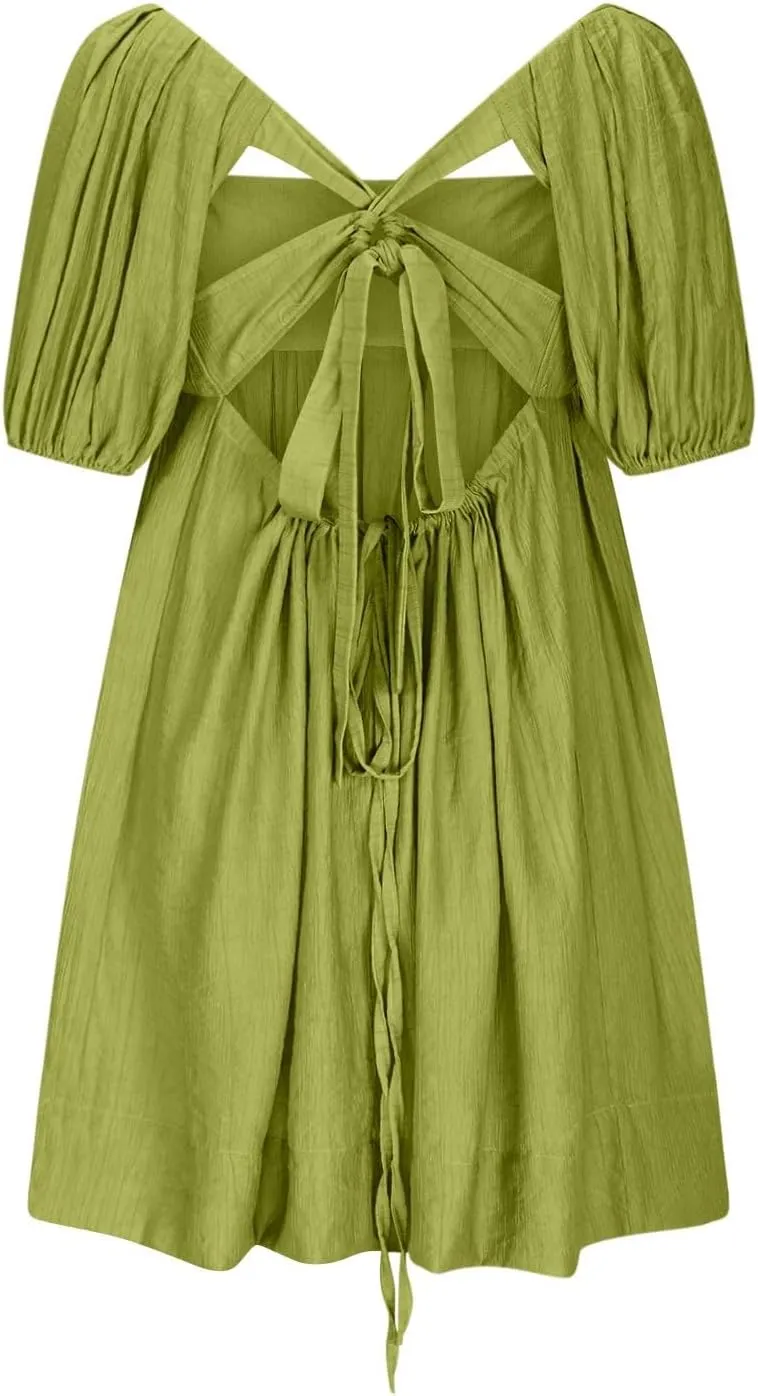 Babydoll Dresses for Women 2025 Cute Puff Short Sleeve Square Neck Tshirt Dress High Waist A Line Dress Mini Dresses