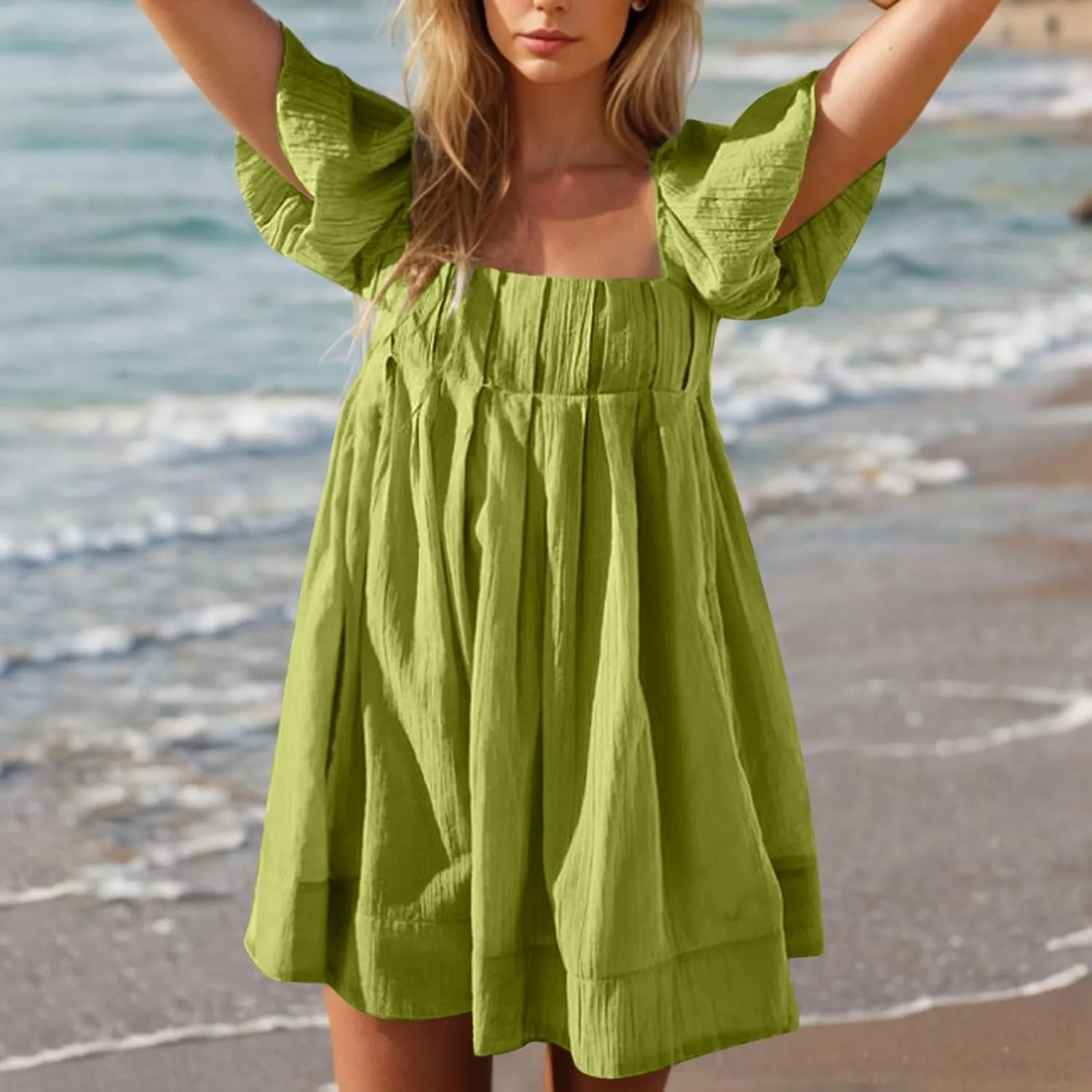 Babydoll Dresses for Women 2025 Cute Puff Short Sleeve Square Neck Tshirt Dress High Waist A Line Dress Mini Dresses