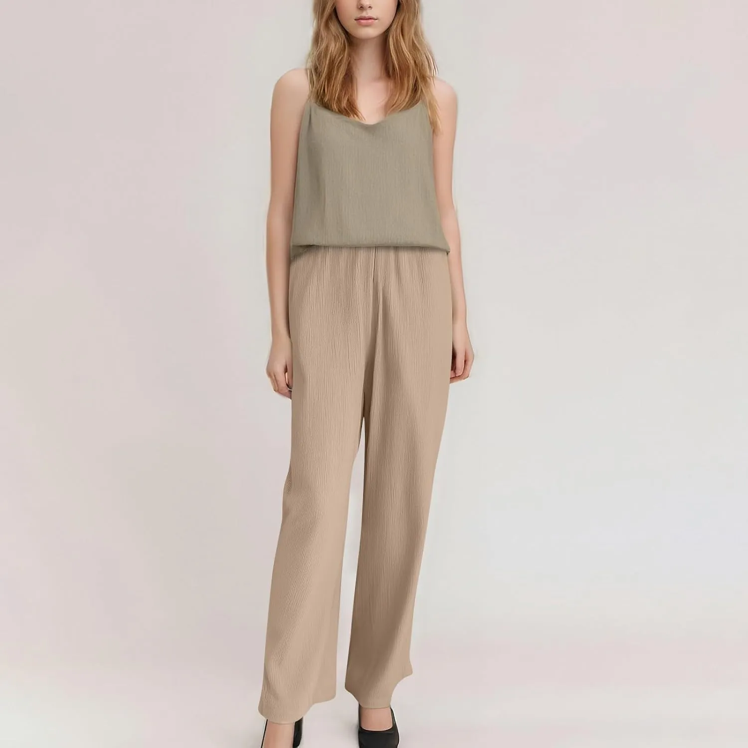 Baggy Wide Leg Linen Pants for Women Plus Size Elastic Waist Pants Textured Summer Beach Palazzo Pants with Pockets