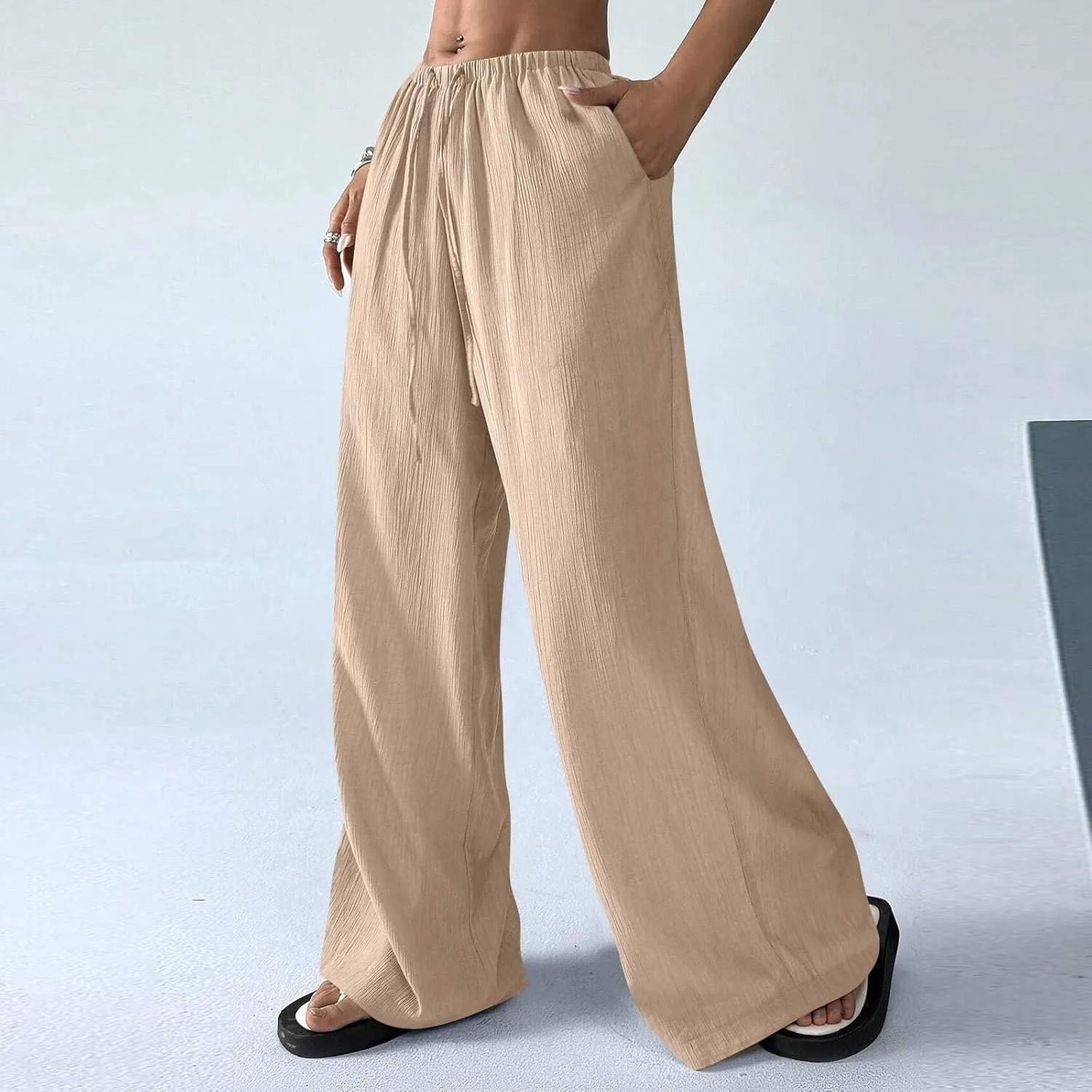 Baggy Wide Leg Linen Pants for Women Plus Size Elastic Waist Pants Textured Summer Beach Palazzo Pants with Pockets