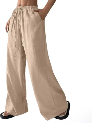 Baggy Wide Leg Linen Pants for Women Plus Size Elastic Waist Pants Textured Summer Beach Palazzo Pants with Pockets
