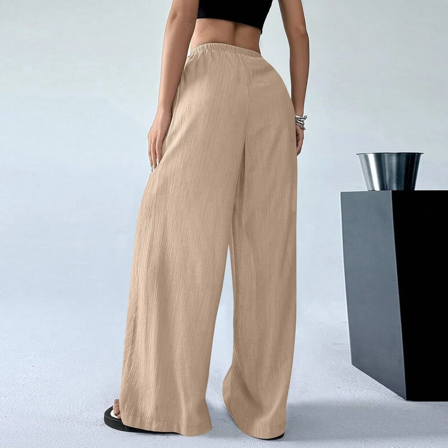 Baggy Wide Leg Linen Pants for Women Plus Size Elastic Waist Pants Textured Summer Beach Palazzo Pants with Pockets