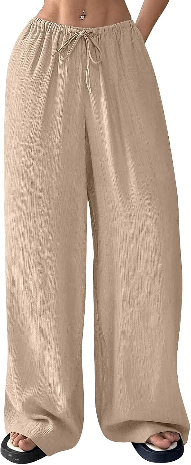 Baggy Wide Leg Linen Pants for Women Plus Size Elastic Waist Pants Textured Summer Beach Palazzo Pants with Pockets