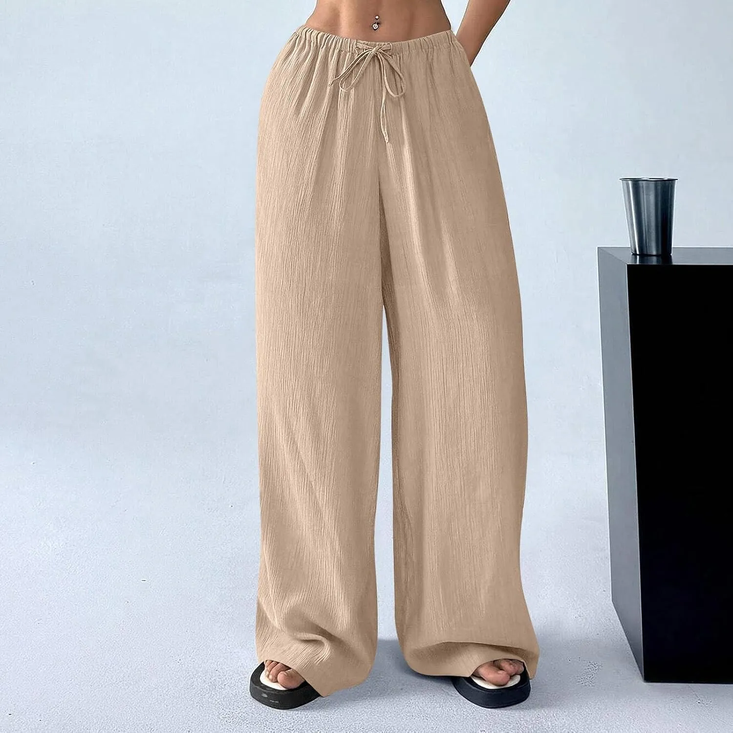 Baggy Wide Leg Linen Pants for Women Plus Size Elastic Waist Pants Textured Summer Beach Palazzo Pants with Pockets